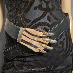 Vintage Tiger Paw Claw Buckle Belt Black Leather Calf Hair 80s 90s size S/M